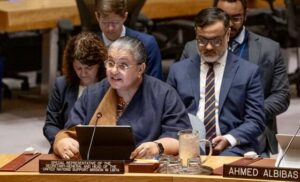 صورة الأمم المتحدة/إسكيندر ديبيب الممثلة الخاصة للأمين العام للأمم المتحدة في ليبيا هانا تيتيه تقدم إحاطة إلى مجلس الأمن الدولي حول الأوضاع في ليبيا